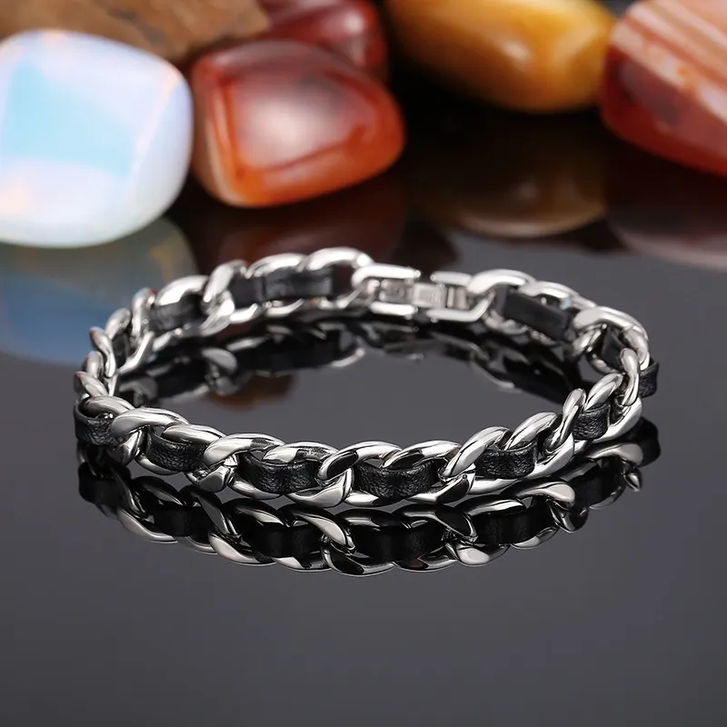 Stainless Steel Nk Chain Paired with Black Leather Bracelet Suitable for Daily Wear