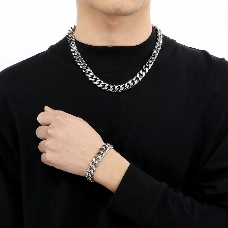 Trendy 6-Sided Polished Cuban Link Bracelet Necklace Multi-Size Stainless Steel Clavicle Chain Jewelry Set