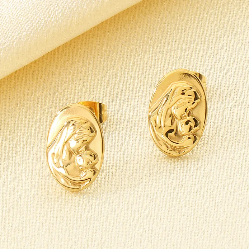 Vintage French Lady Stud Earrings 18K Gold Plated Stainless Steel Earrings for Mother's Day