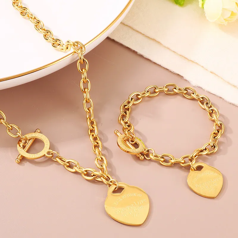 Ins Ot Clasp Heart Bracelet O-Chain Letter Peach Heart Stainless Steel Jewelry Set