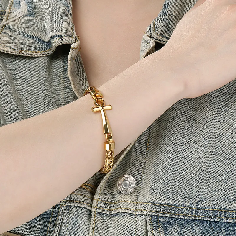 Men's Trendy Stainless Steel Cross Accessories Steel Wire Braided Bangle Jewelry Wholesale