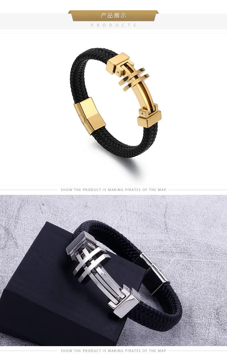 European and American Style Stainless Steel Cross Bracelet Woven Men's Leather Jewelry