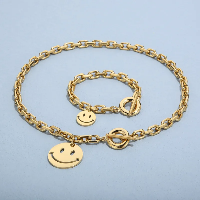 Stainless Steel Exaggerated Personality Creative Smiling Face Ot Buckle Bracelet Necklace Set for Women's Jewelry