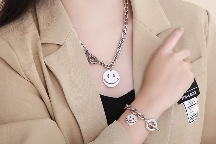 Stainless Steel Exaggerated Personality Creative Smiling Face Ot Buckle Bracelet Necklace Set for Women's Jewelry