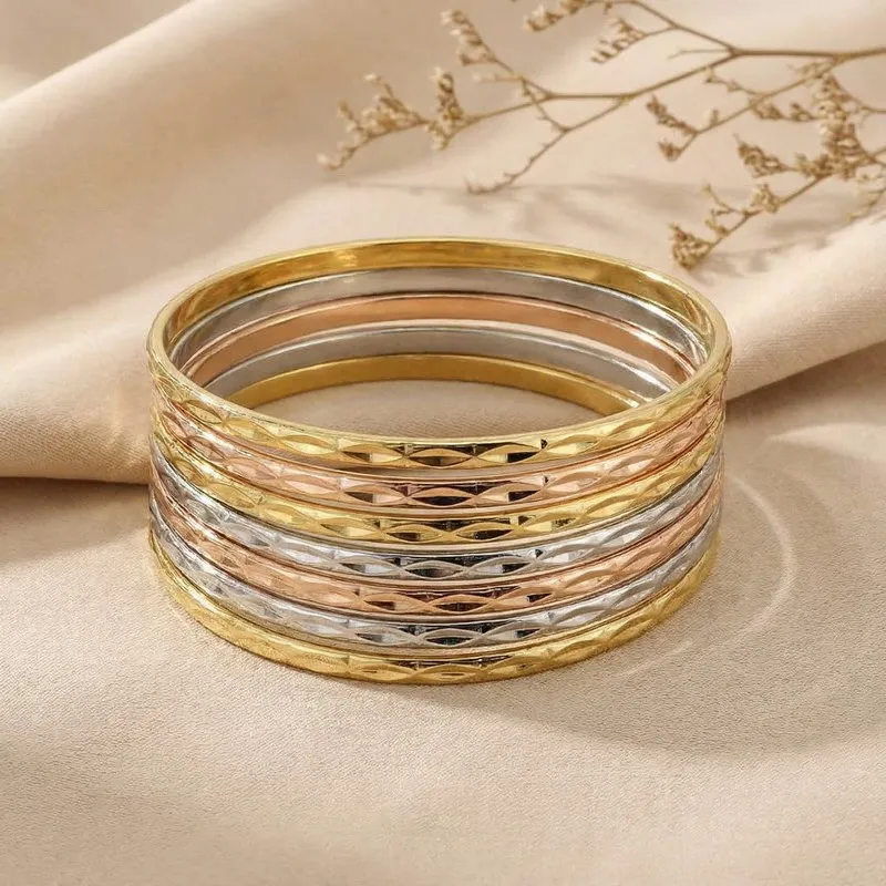 Stainless Steel 304 Patterned Diamond Bangles with Multiple Layers of Plain Circles for Women