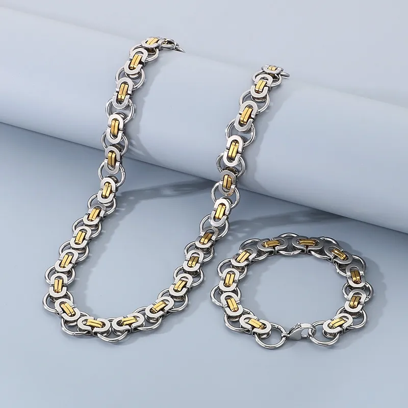 Personalized Hip-Hop Style Rock Emperor Chain Circle Bracelet, Trendy Byzantine Flat Stainless Steel Men's Necklace Set