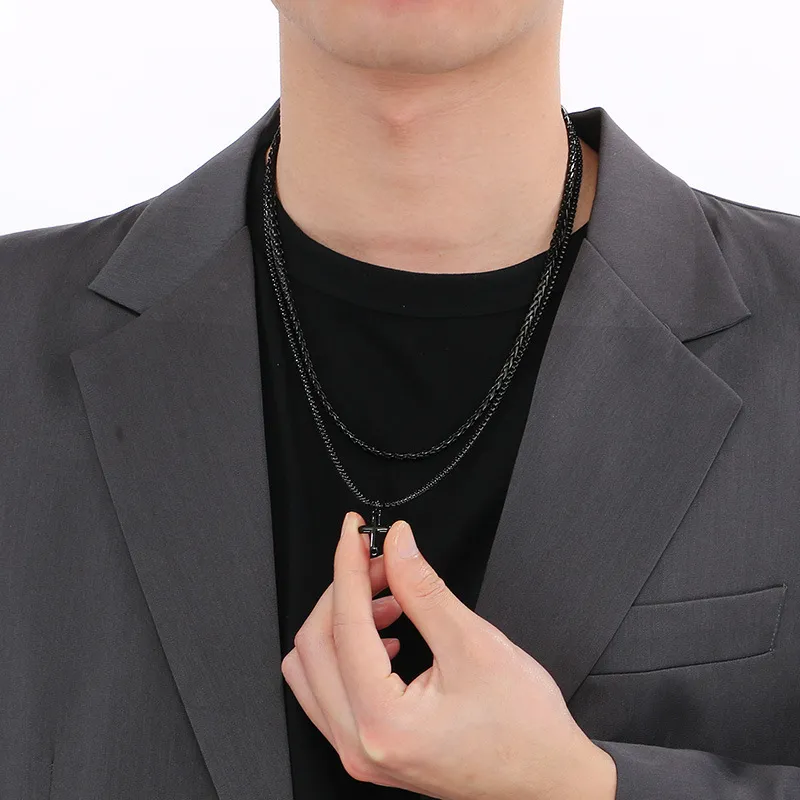 Fashionable Stainless Steel Creative Double-Layer Mixed Chain Hanging Cross Pendant Men's Necklace Accessories