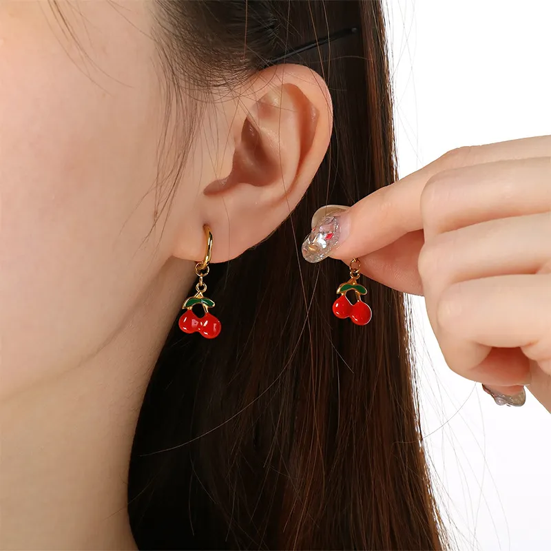 Stainless Steel Strawberry Cherry Shaped Earrings Suitable for Daily Wear as Women's Jewelry