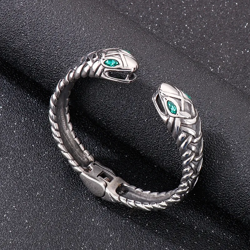 Kalen Stainless Steel Jewelry Set, Vintage Green-Inlaid Cobra Ring and Double-Headed Snake Open Bracelet Men's Set