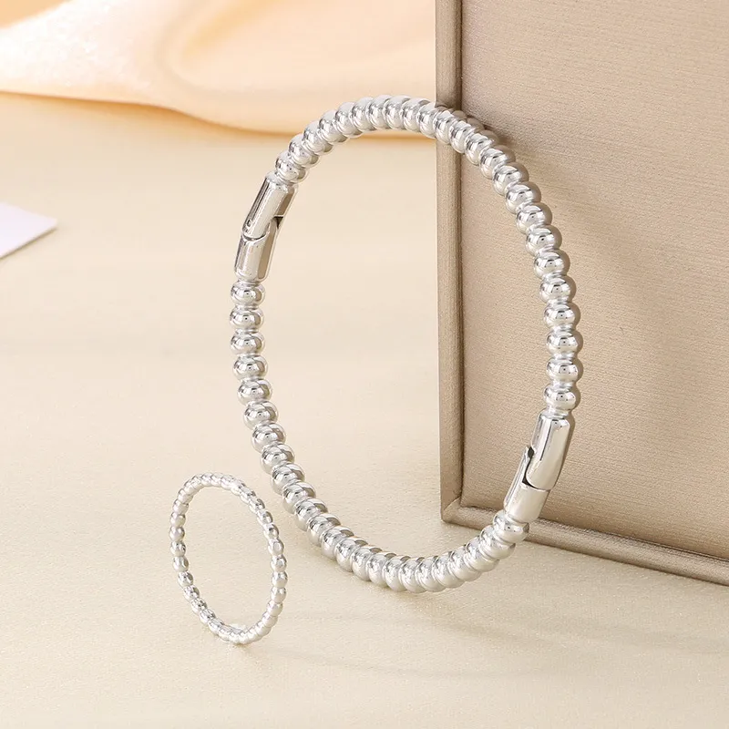 Minimalist Beaded Water Wave Stainless Steel Ring Adjustable Oval Bracelet Jewelry Set