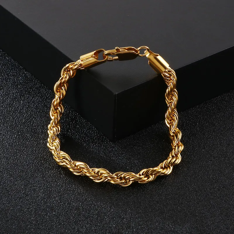Hip Hop Men's Bracelet Gold Plated 18K Fried Dough Twists Chain Stainless Steel Braided Twisted Rope Bracelet