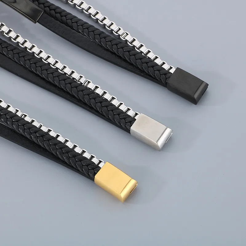 Stainless Steel Chain Leather Rope Woven Bracelet Multi-Layer Woven Leather Bracelet Popular Magnetic Buckle Bracelet