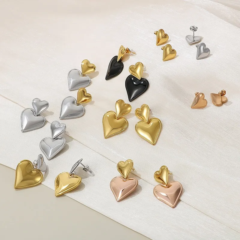 Women Gold Plated Stainless Steel Double Heart Earrings Luxury Hypoallergenic Earrings