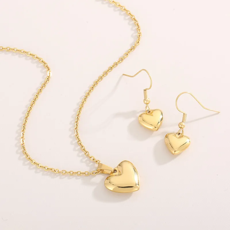 Minimalist Style Stainless Steel Heart-Shaped Pendant Earrings Necklace Set Jewelry Women's Accessories
