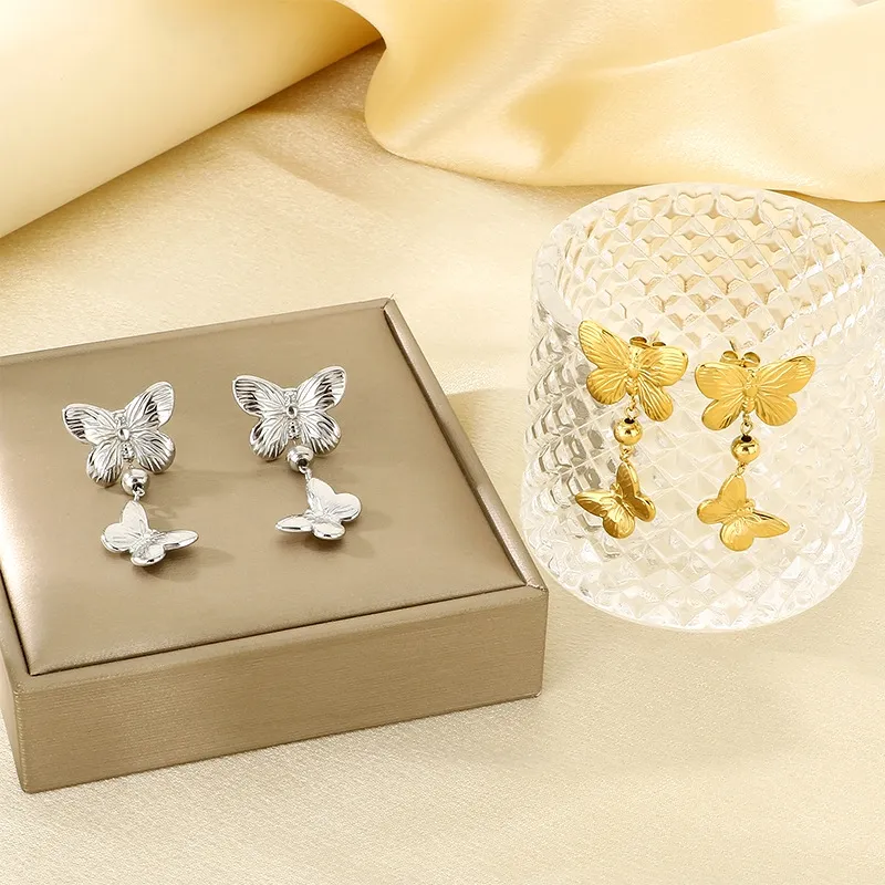 Luxury Double Layer Textured Butterfly Stainless Steel Earrings Unique Jewelry