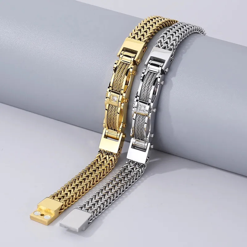 Fashion Creative Chain Stainless Steel Men's Magnetic Buckle Gold Plated Zircon Bracelet