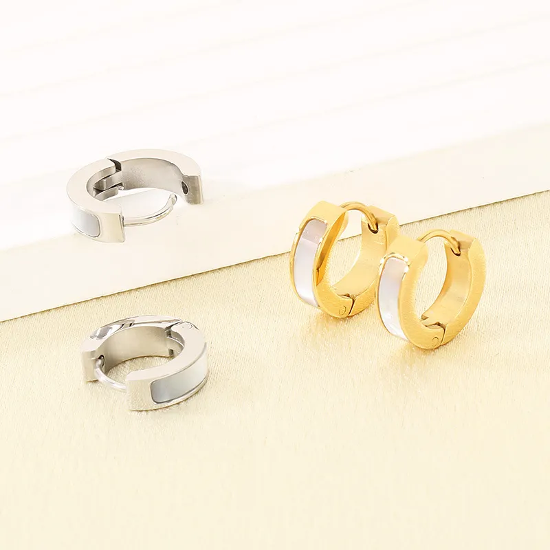 Korean Japanese Smooth Shell Inlaid Flat Stainless Steel Huggie Earrings Trendy Elegant Earrings Wholesale