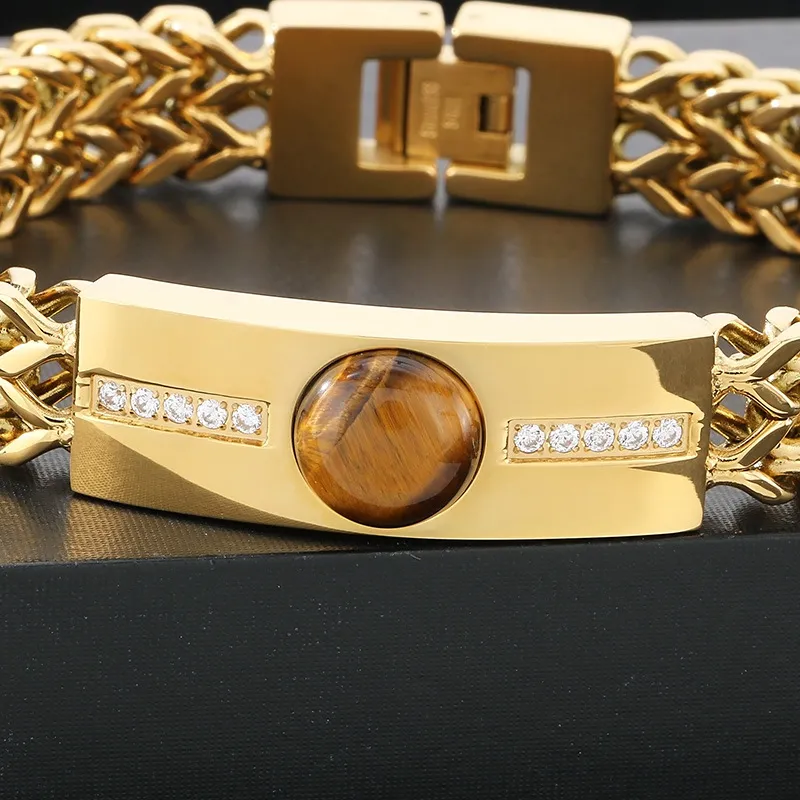 Fashion Tiger Eye Stone Rhinestones Inlaid Mens Bracelets Stainless Steel Chain Bracelets