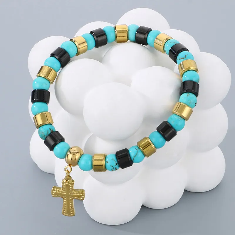 Bohemian Ins Style Colorful Turquoise Men's and Women's Bead Bracelets, Niche Design, Personalized Cross Titanium Steel Bracelet