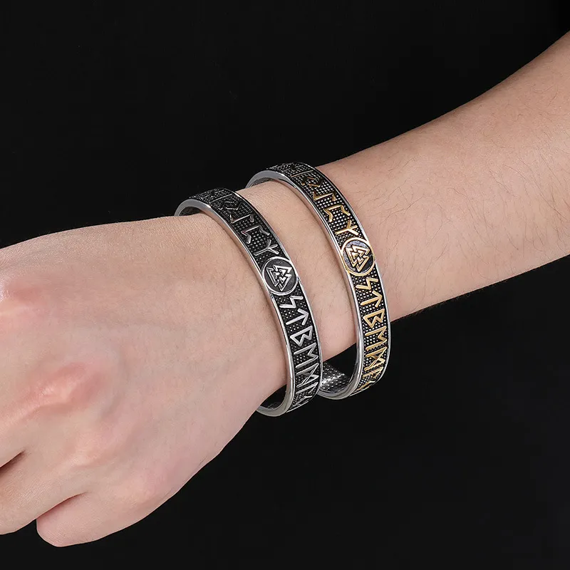 Vintage Viking Runic Textured Bracelet, Nordic Mythology Triangle Knot Personalized Men's Stainless Steel C-Shape Jewelry