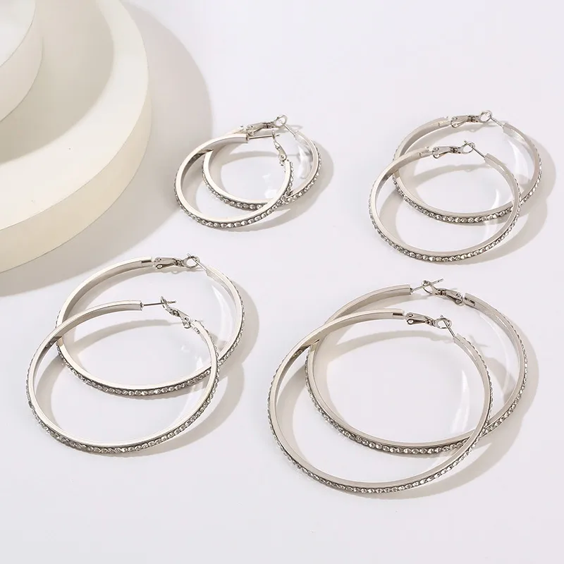 Trendy Statement Earrings Geometric Round Hollow Rhinestone-Embedded Stainless Steel Hoops Women Wholesale