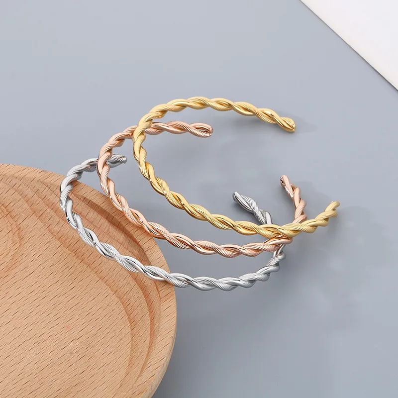 Ins Stainless Steel Textured C-Shaped Adjustable Bracelet Personality Twisted Rope Bangle Wholesale
