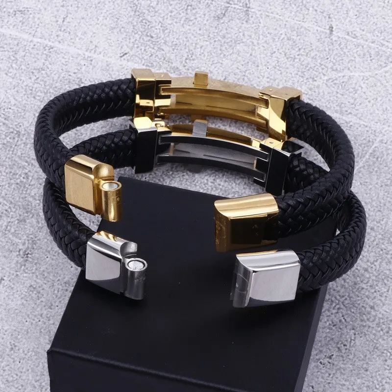 New Stainless Steel Geometric Men's Leather Bracelet Wholesale Personalized Fashion Bracelet