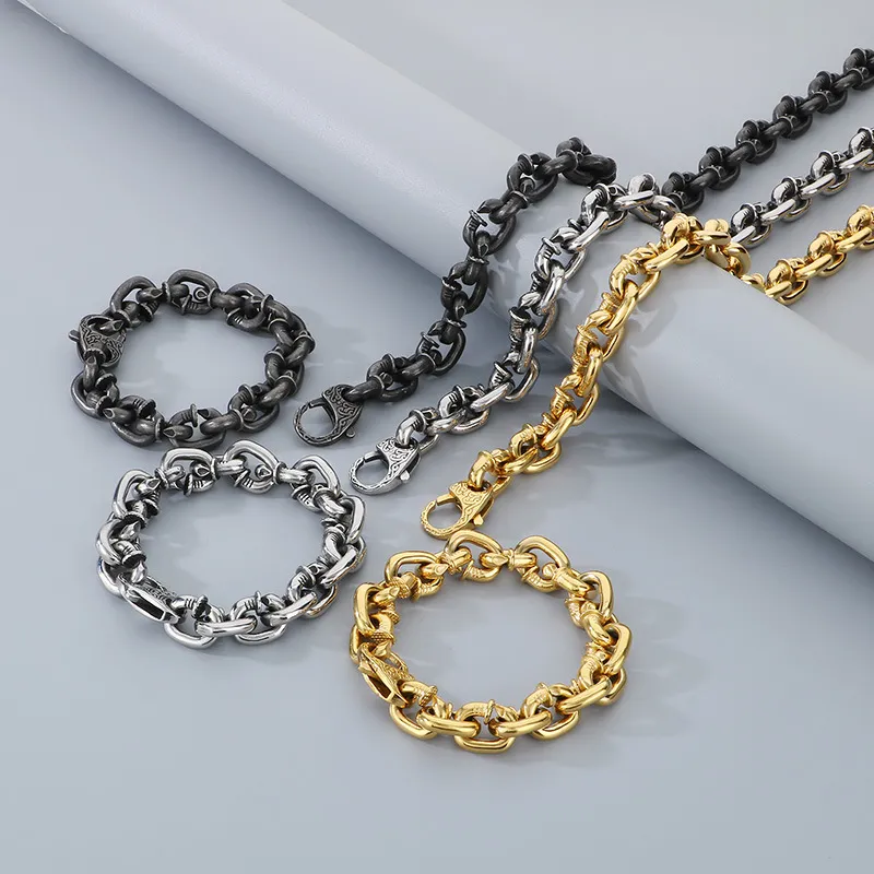 European and American Style, Domineering Personality, Nail Necklace, Punk Retro Design, Square Rivet, Stainless Steel Men's Bracelet Set