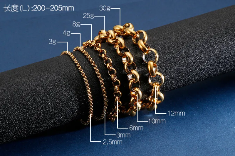 Wholesale Punk Jewelry Multi-Size Bracelet Stainless Steel Simple Silver Gold Chain Bracelet