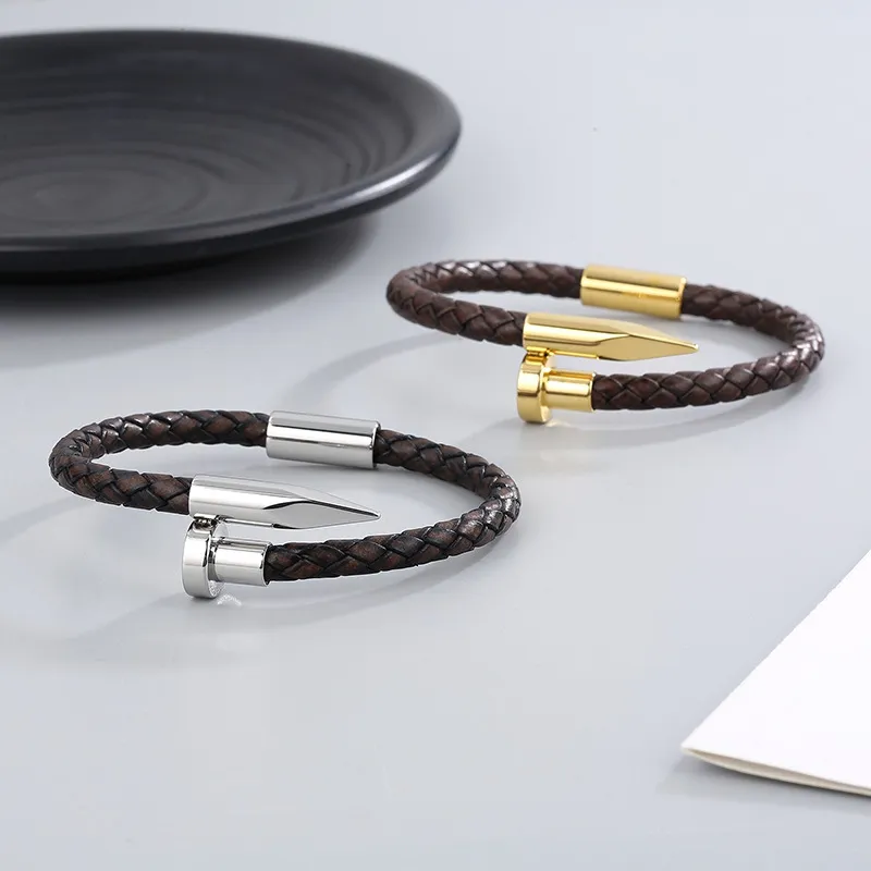 Wholesale Creative Stainless Steel Braided Leather Nail Opening Bracelet Men's Magnetic Buckle Bracelet