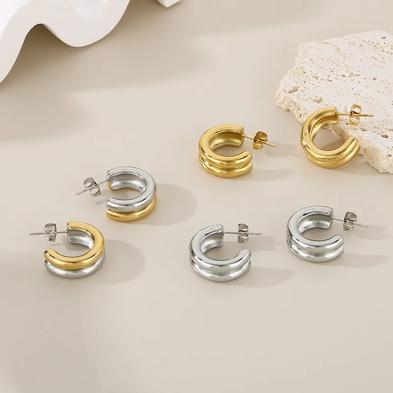 French Fashion Stainless Steel Creative Three Ring C-Shaped Temperament Versatile Girl Earrings