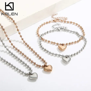 Stainless Steel 3D 18K Gold-Plated Heart-Shaped Bead Necklace and Bracelet Personalized Women's Set
