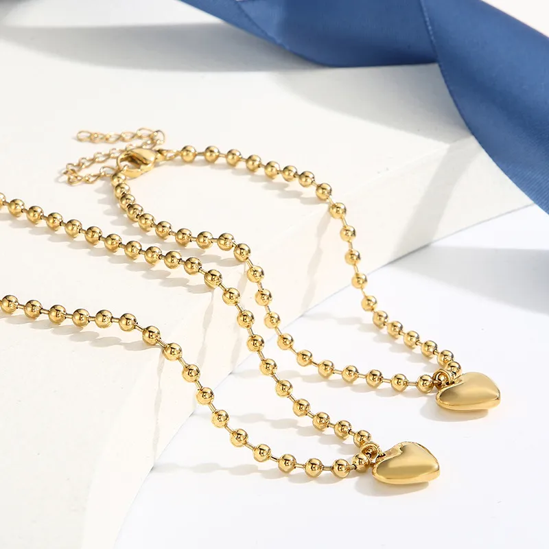 Stainless Steel 3D 18K Gold-Plated Heart-Shaped Bead Necklace and Bracelet Personalized Women's Set
