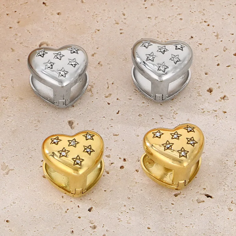 Fashion Double-Sided Heart Rhinestone-Embedded Ear Buckles 18K Gold-Plated Stainless Steel Smooth Earrings
