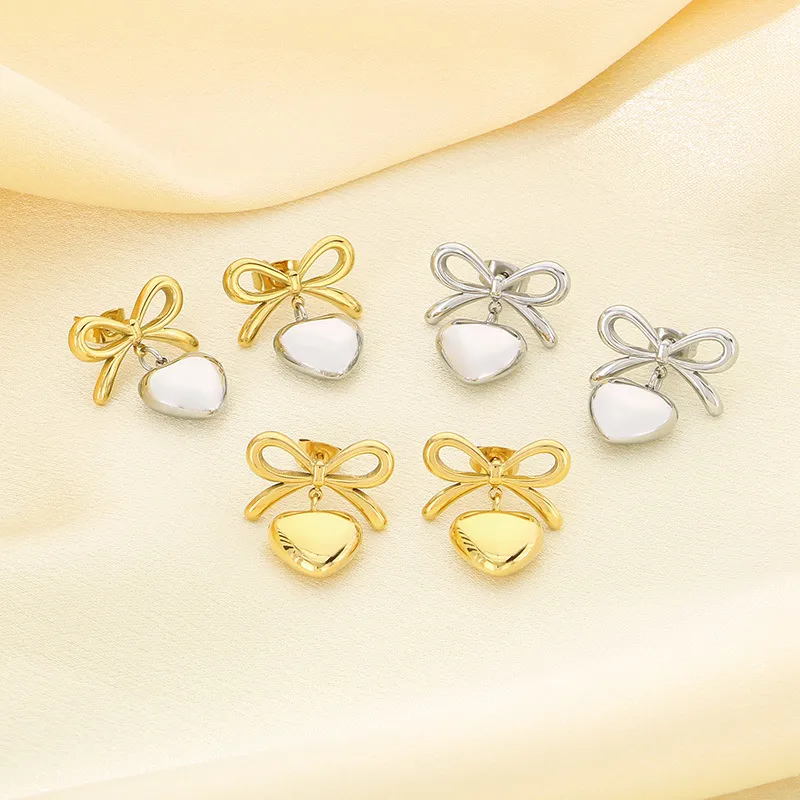 Fashion Earrings 18K Gold-Plated Stainless Steel Ribbon Bow Heart Sweet Temperament Studs Earrings