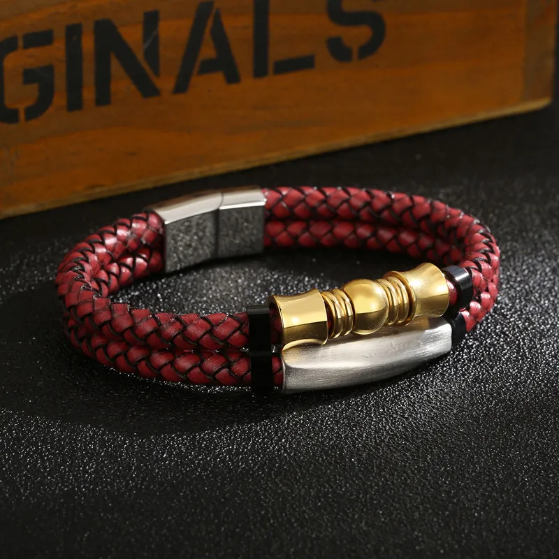 Men's Fashion Stainless Steel Metal Accessories Double-Layer Braided Leather Rope Bracelet
