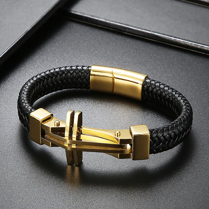 Kalen Fashion Stainless Steel Creative Cross Men's Woven Cowhide Leather Bracelet
