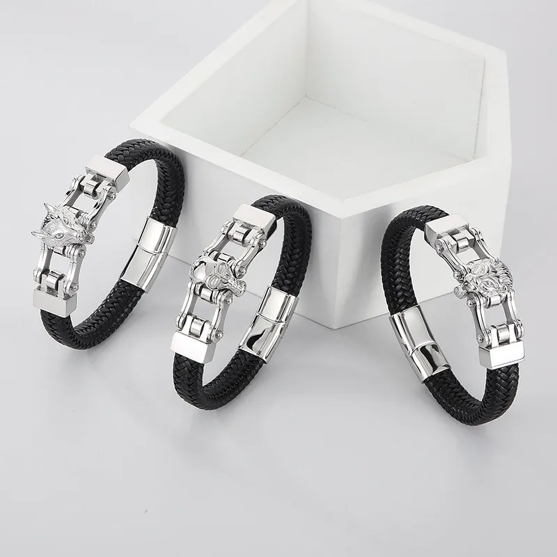 Trendy Men's Stainless Steel Creative Wolf Head Animal Series Woven Leather Bracelet