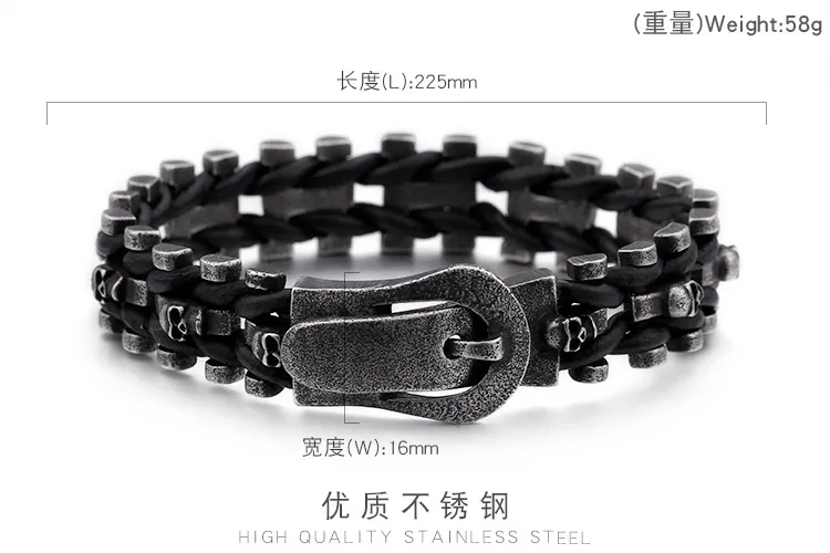 Men's Punk Style Stainless Steel Creative Skull Woven Leather Bracelet Accessory