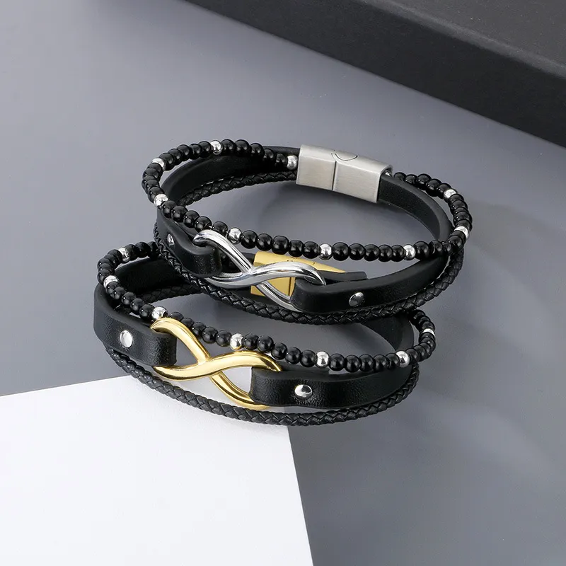 Trendy Men's Stainless Steel 8-Shaped Multi-Layer Woven Leather Bead Magnetic Buckle Bracelet