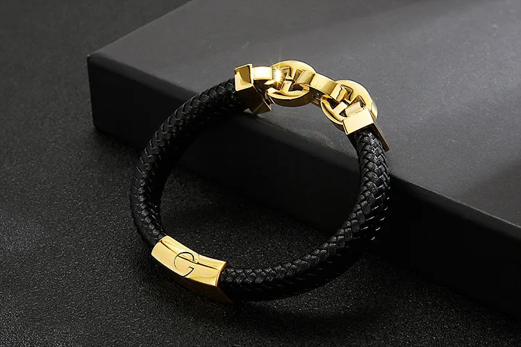 Trendy Men's Jewelry Stainless Steel Geometric Chain Splicing Woven Cowhide Leather Bracelet