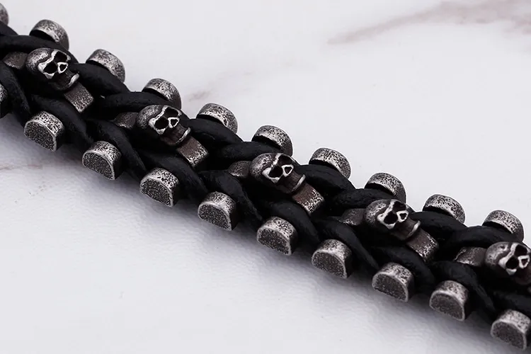 Men's Punk Style Stainless Steel Creative Skull Woven Leather Bracelet Accessory