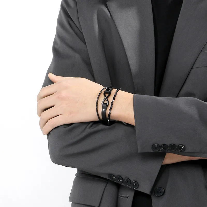 Trendy Men's Stainless Steel 8-Shaped Multi-Layer Woven Leather Bead Magnetic Buckle Bracelet