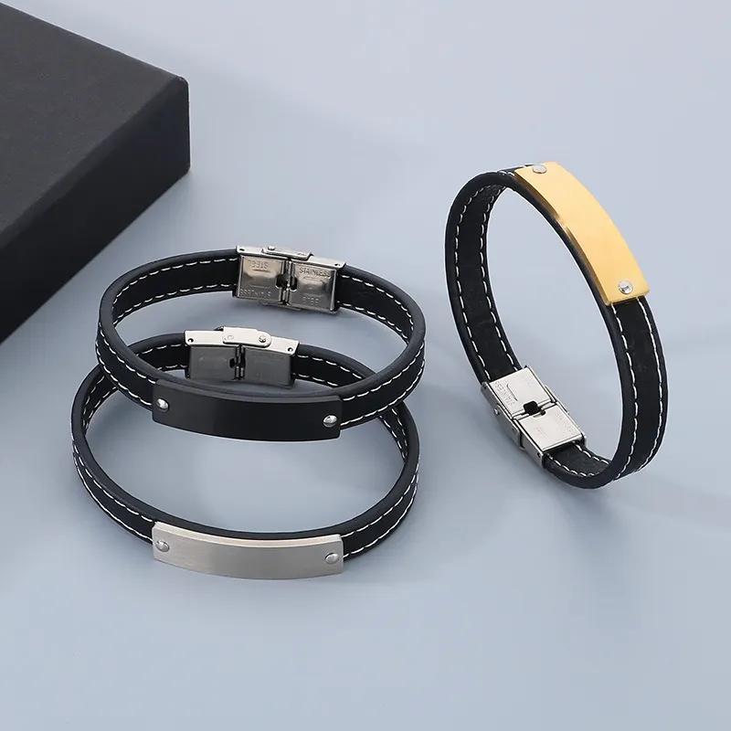 Jewelry Wholesale Men's Trendy Stainless Steel Geometric Curved Plate with Logo Engraved Leather Bracelet