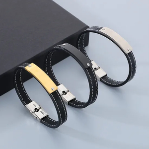 Jewelry Wholesale Men's Trendy Stainless Steel Geometric Curved Plate with Logo Engraved Leather Bracelet