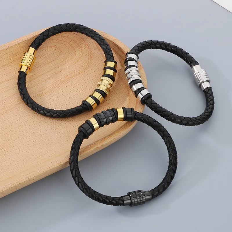 Minimalist and Trendy Stainless Steel Magnetic Buckle Bracelet Woven Leather Bracelet for Men