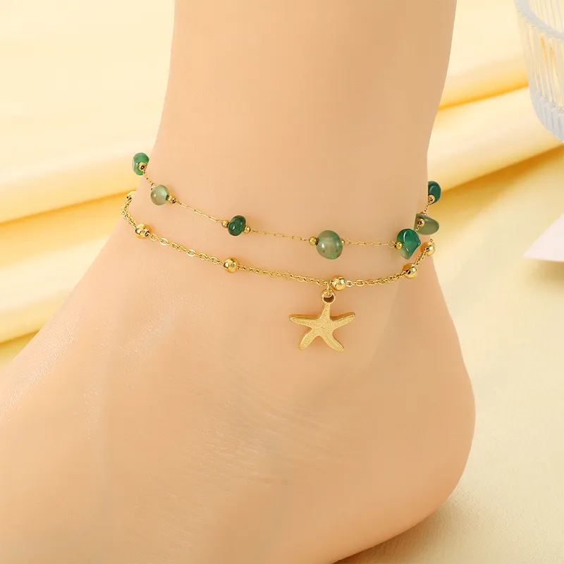 Stainless Steel Anklet Chain with Heart-Shaped Starfish Element Foot Decoration