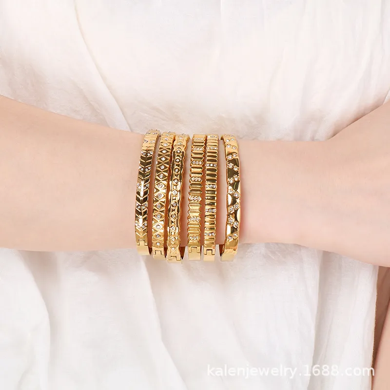 European and American Style Irregular Diamond-Encrusted Stainless Steel Bangles for Women