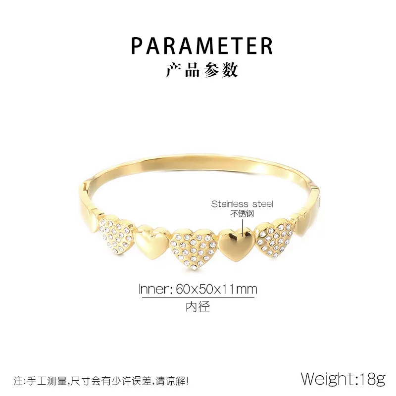 Diamond-Encrusted Bamboo-Shaped Stainless Steel Bracelet, a Unique and Luxurious Starry Heart-Shaped Bangle