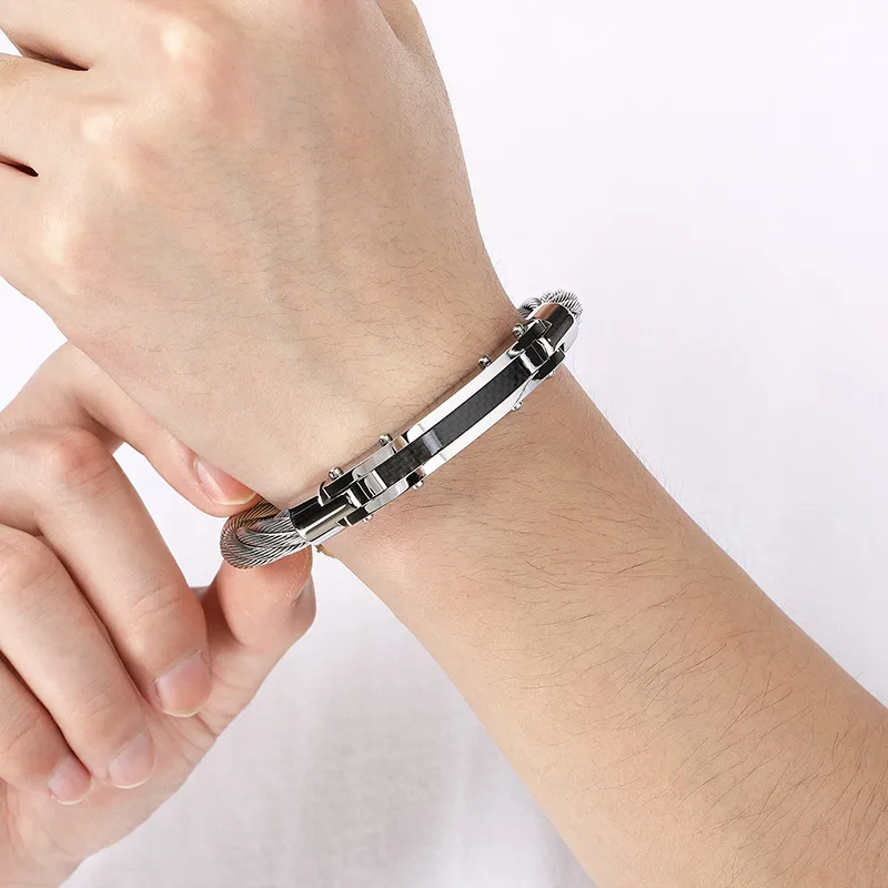Punk Retro Style Stainless Steel Wire Cable Bent Plate Domineering Men's Bangle